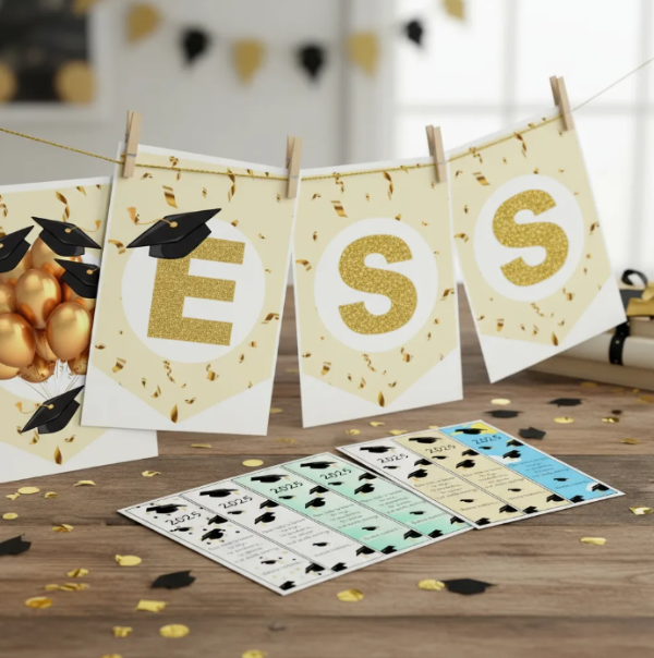 Producto - Banderín Imprimible Egresados 2025 + Señaladores (globos Dorados)