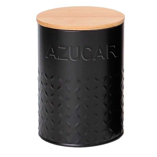 Producto - Lata para Azúcar Color Negro y Tapa de Bambú con aro de Silicona