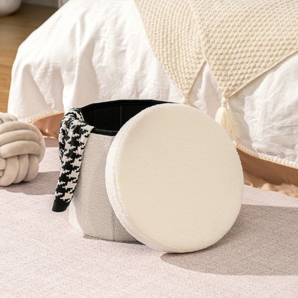 Producto - Puff Boucle Redondo Plegable Estructura Reforzada- Thw Beige