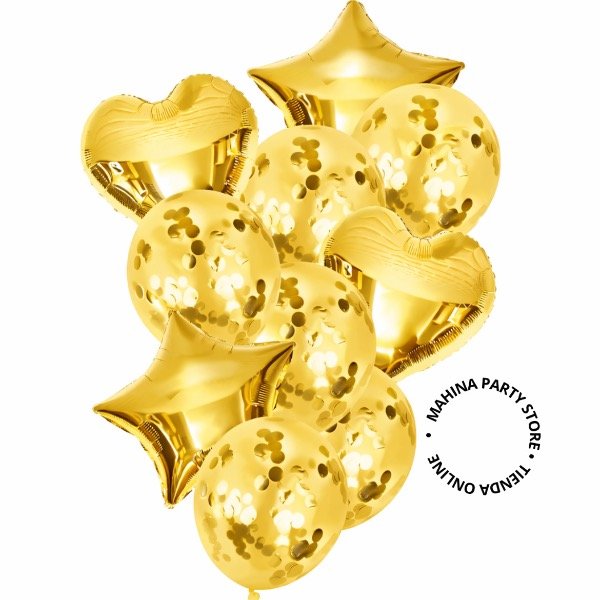 Producto - Set globos estrellas y corazones dorados confetti x 14