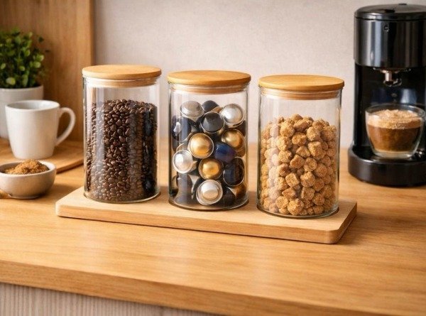 Producto - FRASCOS VIDRIO 16CM X3 + BANDEJA MADERA