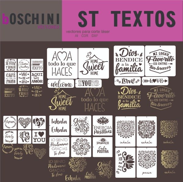 Producto - MAS DE 100 DISEÑOS STENCIL TEXTOS - PACK VECTORES PARA CORTE LASER
