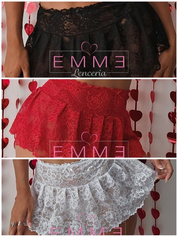 Producto - Pollera encaje elastizada, bco, ngo, rojo. Talle 2 al 5 - 12900 EF -