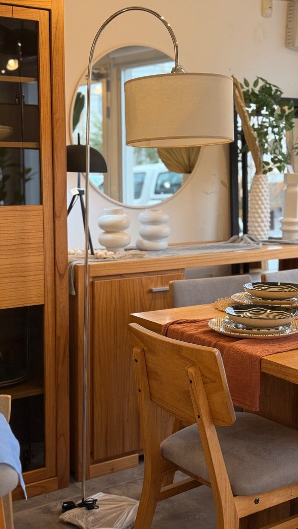 Producto - LAMPARA DE PIE ARCO NIKEL PANTLLA TAMBOR NATURAL 1.80M
