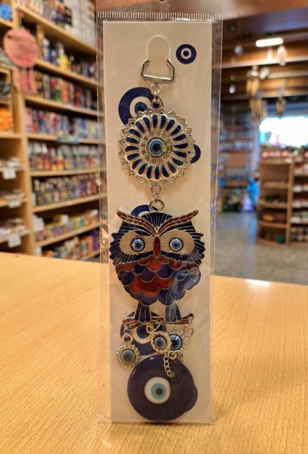 Producto - Colgante de Metal Buho con ojo turco 20 cm x 6 cm