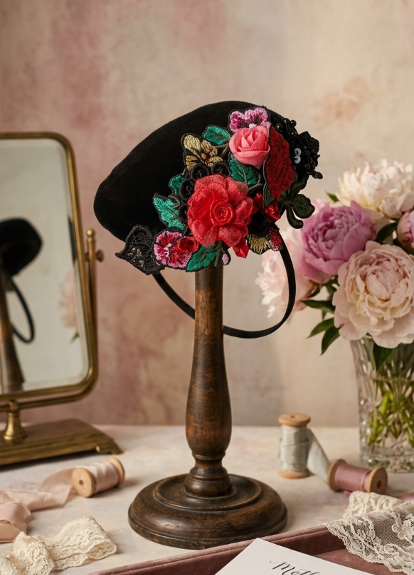 Producto - Fascinator terciopelo negro con flores bordadas y pedreria