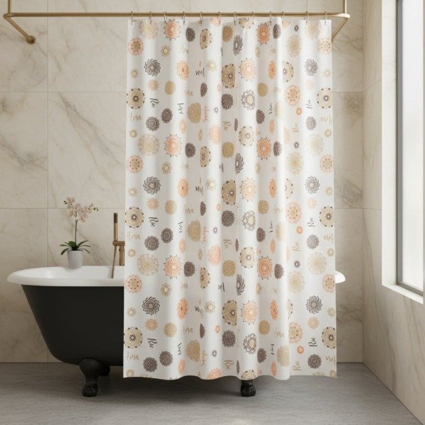 Producto - CORTINA PARA BAÑO PREMIUM "MANDALA NARANJA" + PROTECTOR Y GANCHOS