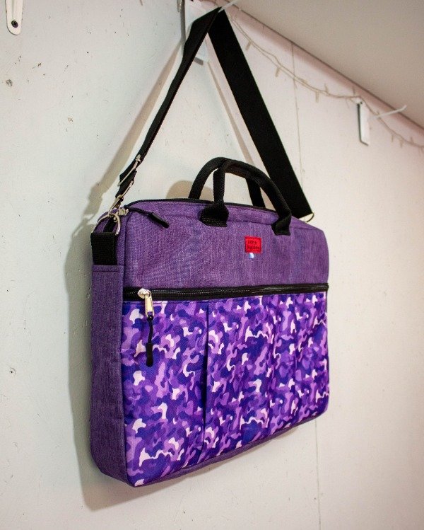 Producto - Funda tipo MALETIN violeta melange y estampado