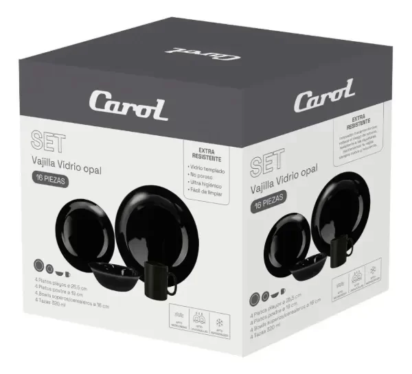 Producto - SET DE VAJILLA REDONDO 16 PIEZAS VIDRIO OPAL NEGRO CAROL - 1