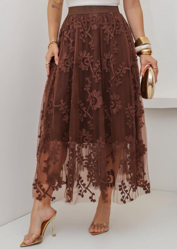 Producto - Falda larga de tull bordada Chocolate importada 105br76