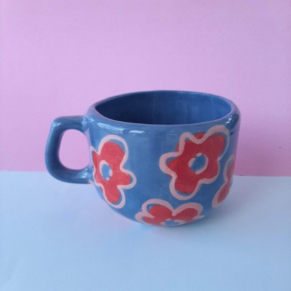 Producto - Taza retro Flores rosas en fondo azul