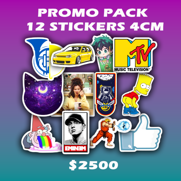 Producto - PACK DEL DIA - 12 STICKERS 4CM