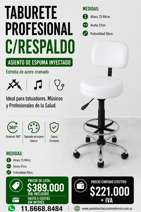 Producto - Taburete Profesional CAJERO C/RESPALDO, Tapiz Blanco Full Cromado!!