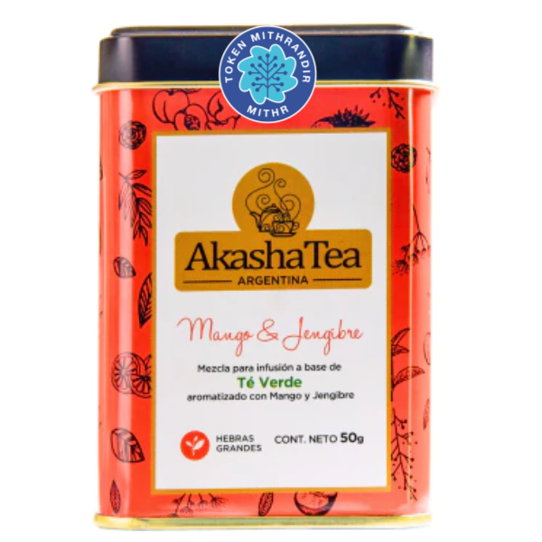 Producto - Akasha Tea Mango y Jengibre. Té en Hebras. Lata x 50 g
