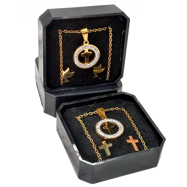 Producto - PROMO Dije Cruz Dorado Con Strass De Acero + Aros (PACK X2 UNIDADES)