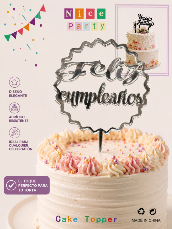 Producto - Topper feliz cumpleaños plateado ondulado