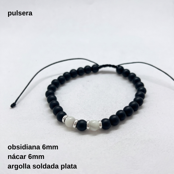 Producto - PULS.HOMB.FP - Pulsera regulable obsidiana 6mm y nácar 6mm (DÓLAR)