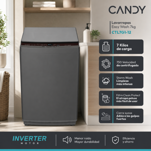 Producto - LAVARROPAS CANDY CTL7G1-12 -7 Kg inverter - 750 RPM Antracita  CARGA SUPERIOR