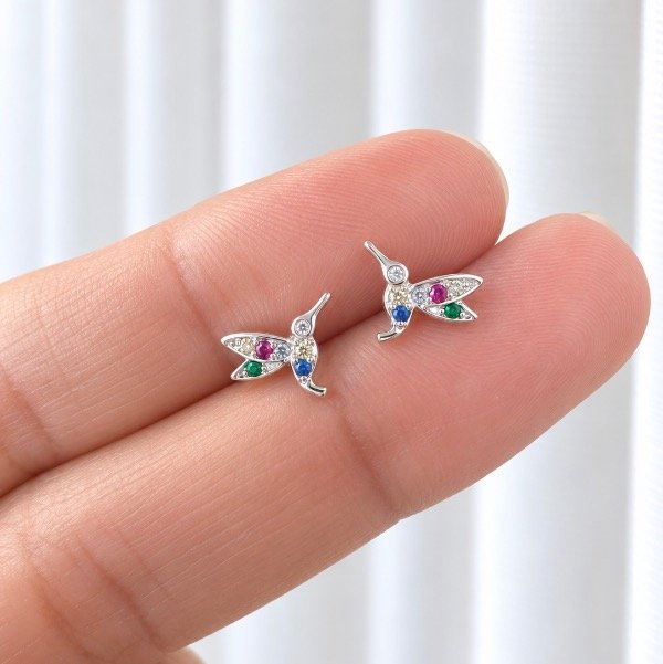 Producto - Aros mini colibrí multicolores plata 925 - 1