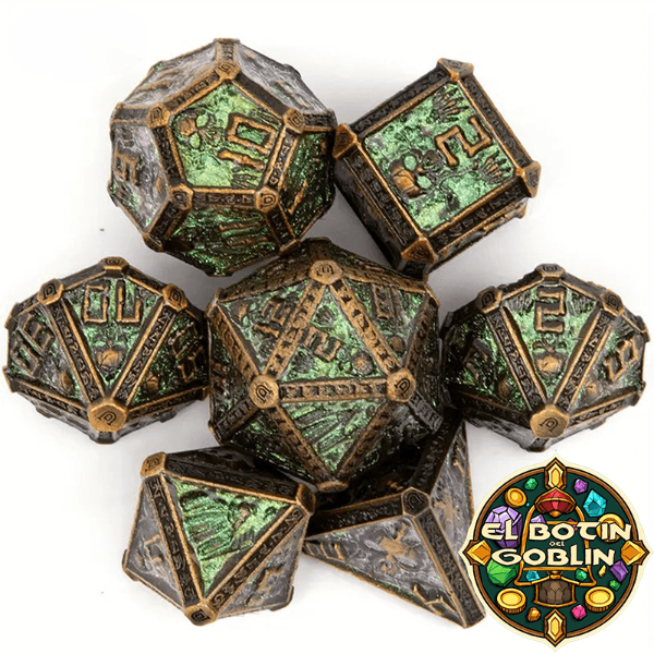 Producto - Set de 7 Dados Metalicos - Nigromante Verde y Dorado