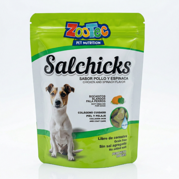 Producto - ZOOTEC Salchicks Doy Pack Pollo y Espinaca x 100 Grs 7798370791460