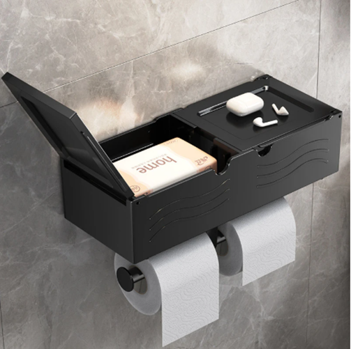 Producto - Portarrollo Papel Higienico Doble Estante Cajones Adhesivo Negro