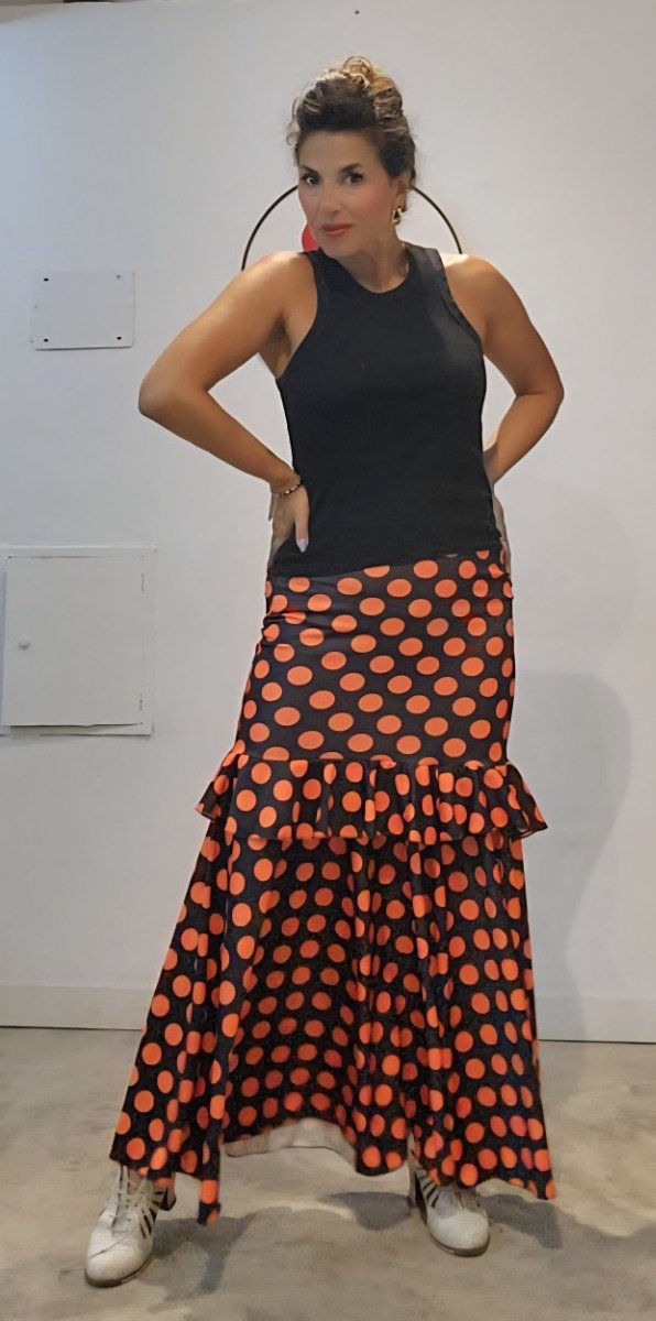 Producto - FALDA REVUELO NEGRA LUNAR NARANJA TM