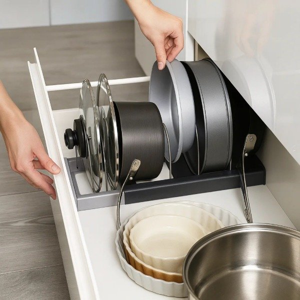 Producto - Organizador extensible para ollas, sartenes, tapas, tablas