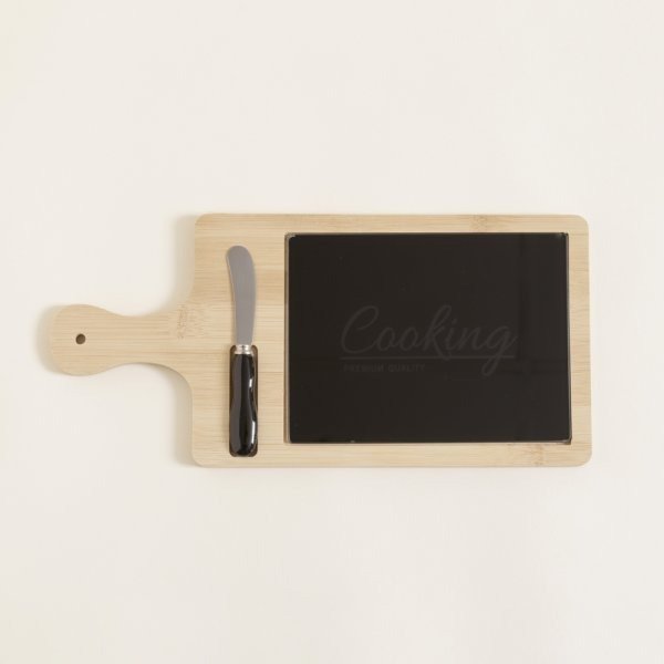 Producto - TABLA DE QUESOS BAMBÚ Y VIDRIO NEGRO CON CUCHILLO 38X18