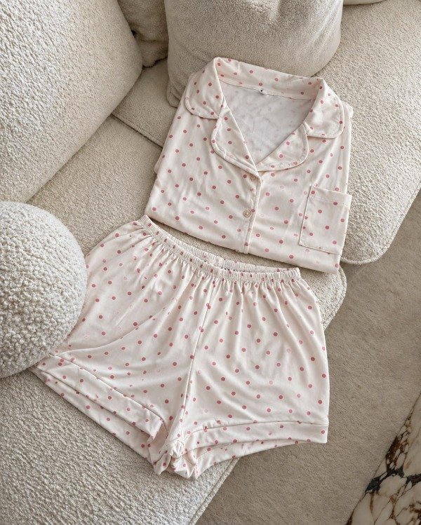 Producto - Pijama camisero corto - Natural con lunares rosa