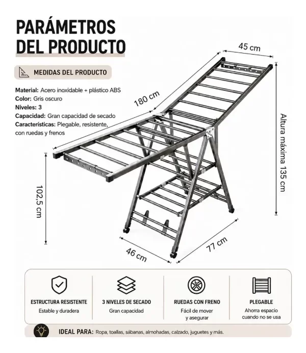 Producto - Tendedero De Ropa Plegable 3 Niveles Con Ruedas Reforzado - 1