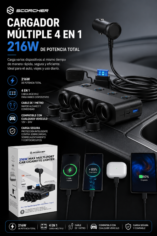 Producto - Prolongador Cenicero Scorcher X4 216W Cargador Múltiple para Auto