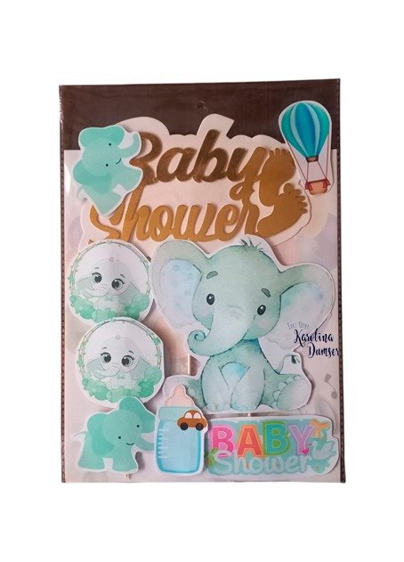Producto - Cake Topper Adorno Baby Shower Elefante Verde Agua . Set x 9