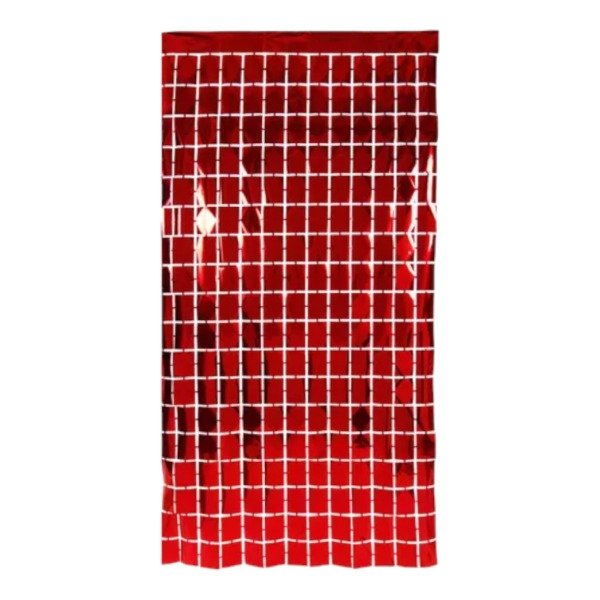Producto - Cortina metalizada de cuadrados grandes color rojo