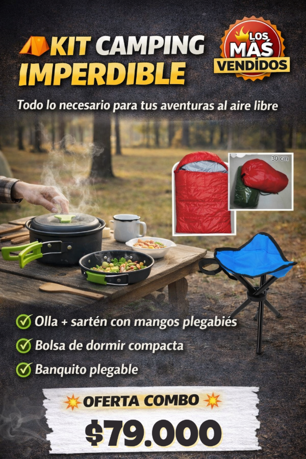 Producto - KIT CAMPING: SET CAMPING OLLA Y SARTEN + BOLSA DE DORMIR + BANQUITO PLEGABLE