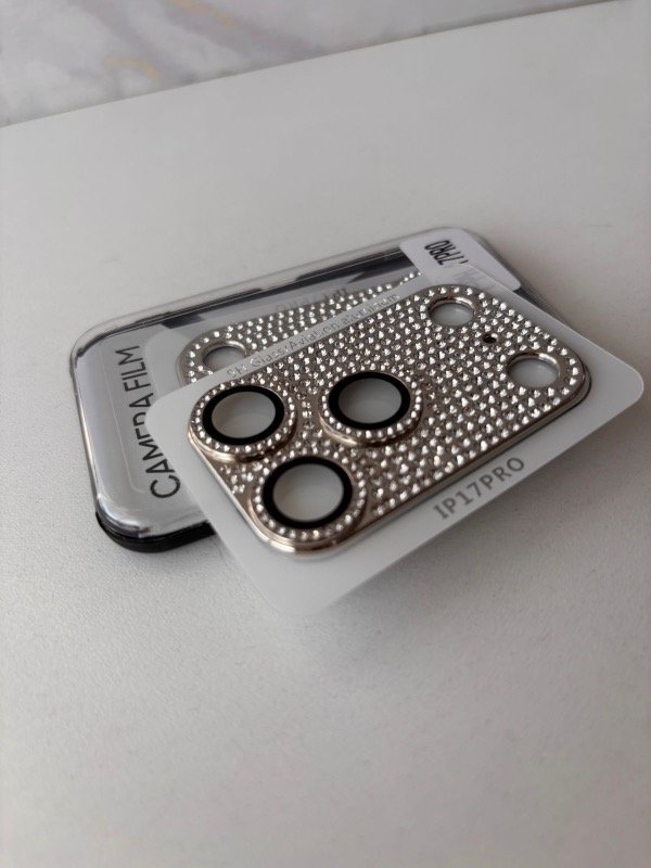 Producto - Vidrio templado de camara modulo completo full strass 17 pro max silver