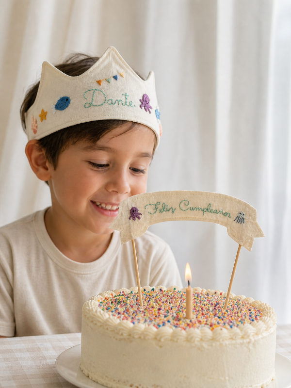 Producto - Combo cumple bordado: corona + topper personalizados