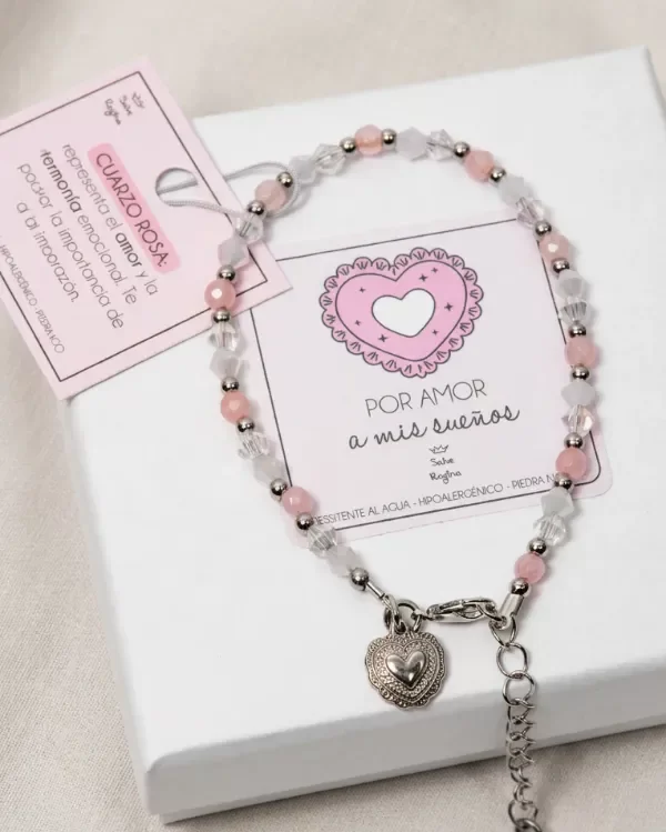 Producto - Pulsera Acero Sagrado Corazón Cristales y Cuarzo Rosa Solange