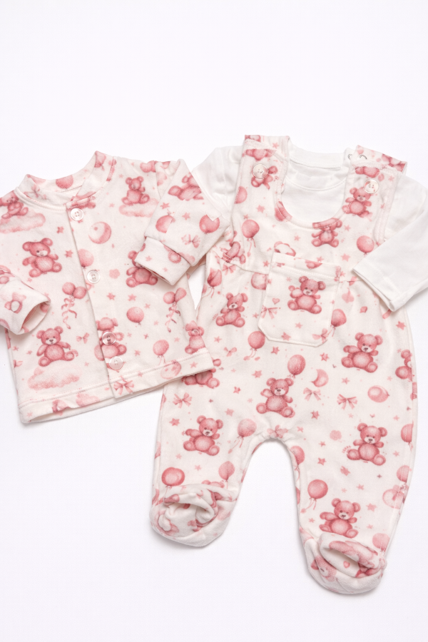 Producto - Trío campera y enterito plush + remera osos rosa