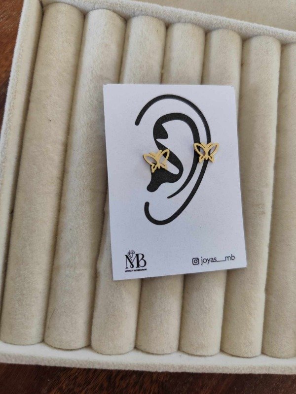Producto - Aros mariposa mini calados. Acero dorado.