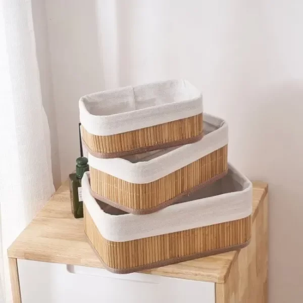 Producto - Set X3 Canastos De Bambú Con Funda De Tela Decorativos Natural