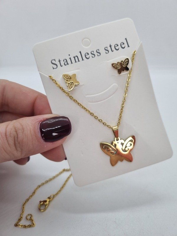 Producto - Set cadena + aritos acero dorado mariposa