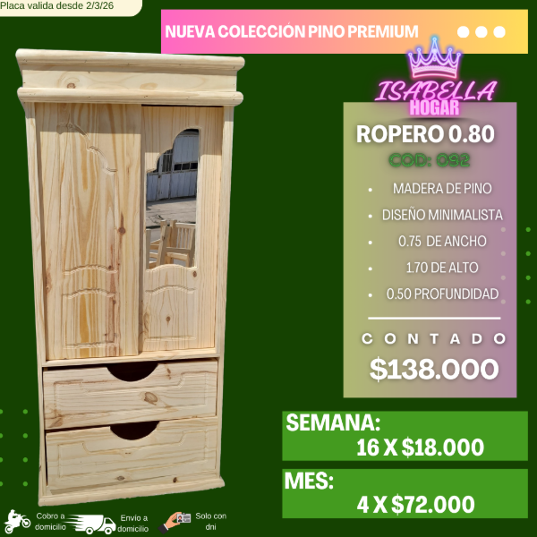 Producto - ROPERO DE PINO 0.80 COD:092 CON ESPEJO
