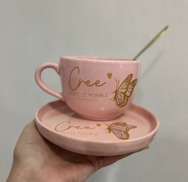 Producto - Set Olivia tazón y Plato Rosa Línea cristiana