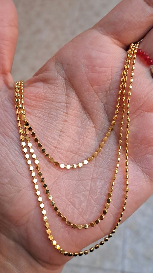 Producto - Collar Triple enchapado en oro 50cm más alargue con Cadena Bolitas Achatadas