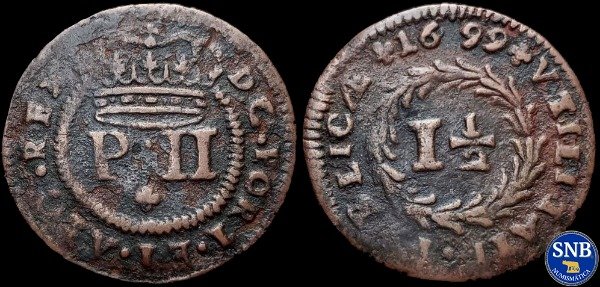 Producto - Reino de Portugal - 1 1/2 Reis (1699) KM #165 - Muy Escasa