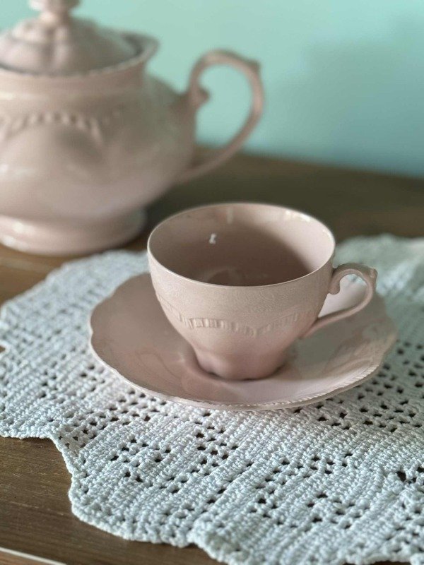 Producto - Taza de té con plato de loza inglesa Meakin rosa oferta