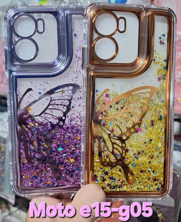 Producto - Fundas mariposas glitter con agua. Moto e15-g05