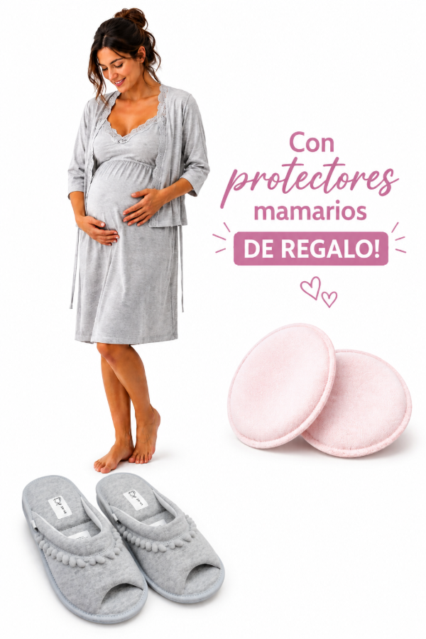Producto - Conjunto camisón lactancia y batita. BLANCO/NEGRO/GRIS + Pantuflas - 0