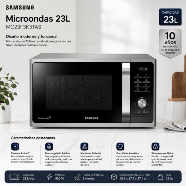 Producto - MICROONDAS SAMSUNG 23 LTS SILVER MG23F3K3TAS